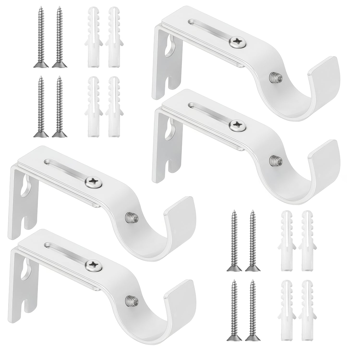 Qoosea 4 Pack Curtain Rod Brackets, Ajustable Curtain Rod Holders, Thickened Wall Mounted Curtain Rod Hooks, Drapery Rod Holders Hardware Window Curtain Rod Support Hanger (White)