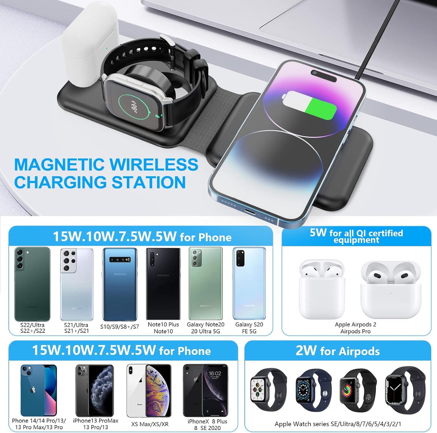 3 in 1 Wireless Charger Inductive Wireless Charger Station Foldable
