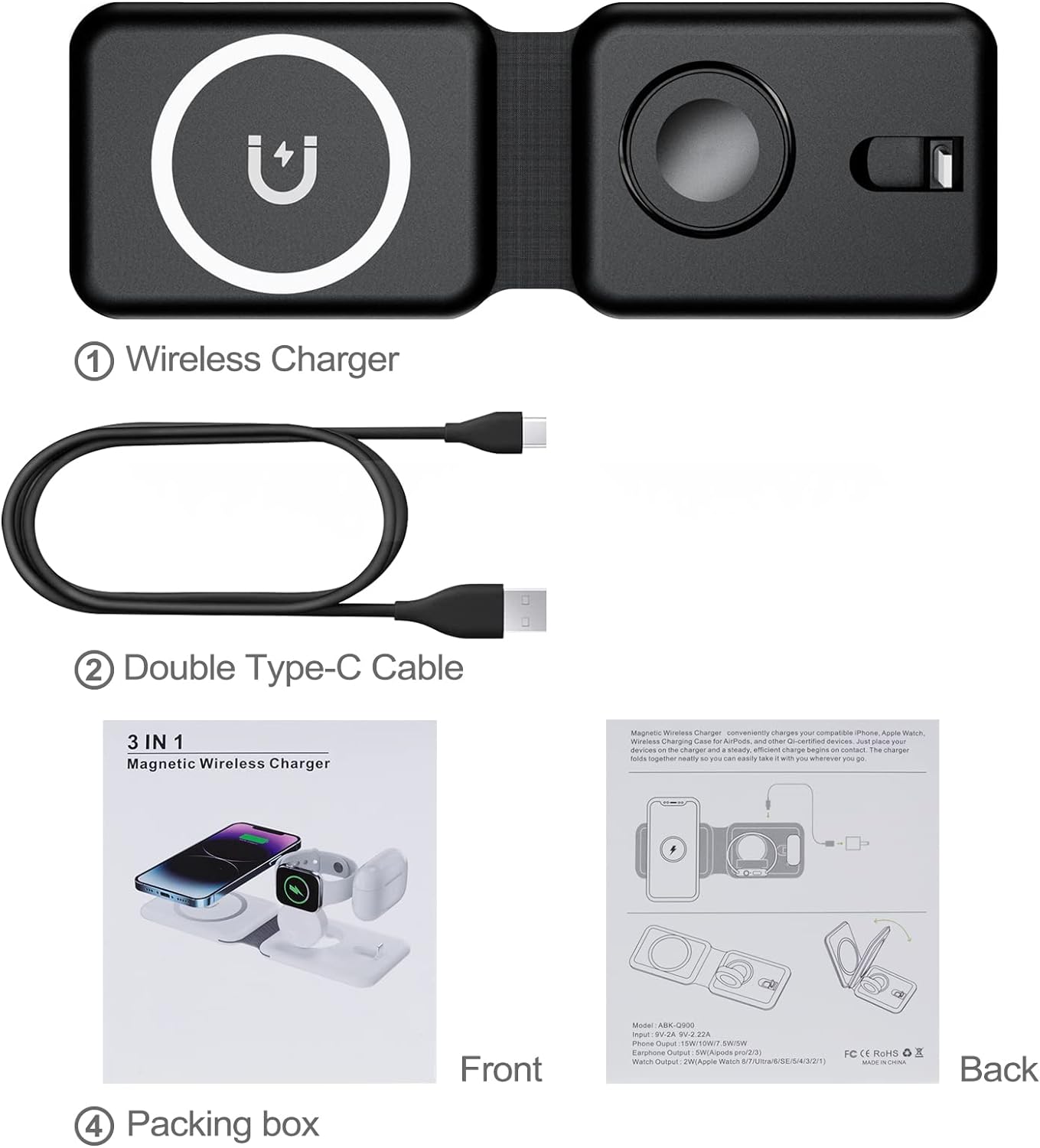 3 in 1 Wireless Charger Inductive Wireless Charger Station Foldable