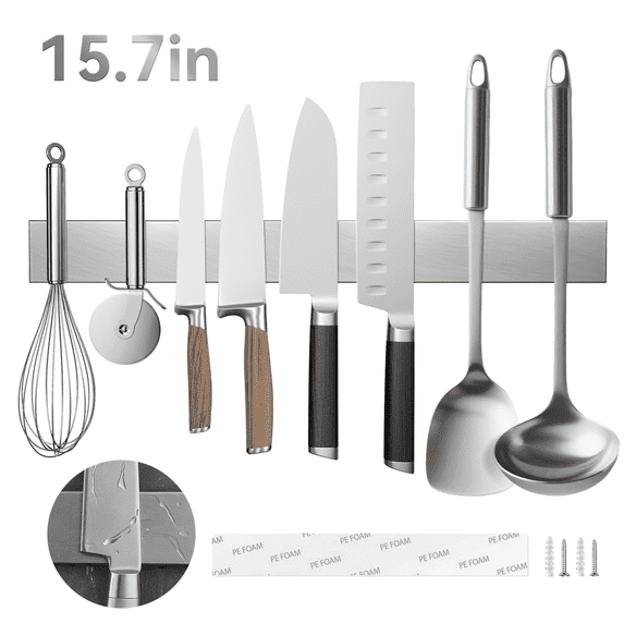 Qoosea Knife Holder,15.7 Inch Magnetic Strip for Wall, Premium Stainless Steel Wall Mounted Kitchen Knives Bar,Space-Saving Powerful No Drilling Magnetic Knife Rack for Home Kitchen Utensil Holder