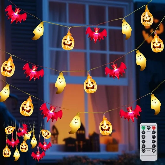 Qoosea Halloween Lights 14.8ft 30 LED Pumpkin Ghost Bat, 8 Modes Halloween Decor Waterproof Indoor Outdoor Party Home Decoration, Warm Lights