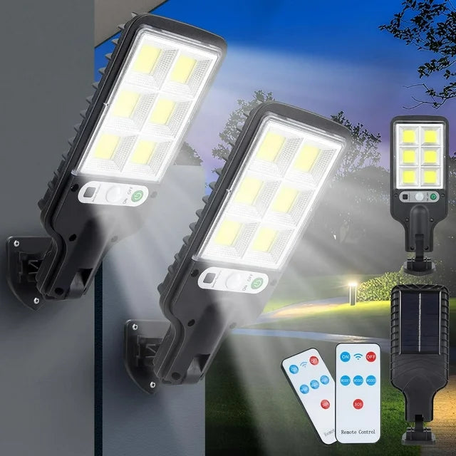 Qoosea Solar Lights Outdoor 2 Pack LED Solar Street Lights with 3 Modes for Outside Flood Lights with Motion Sensor and Remote for Wall Garden Yard Porch