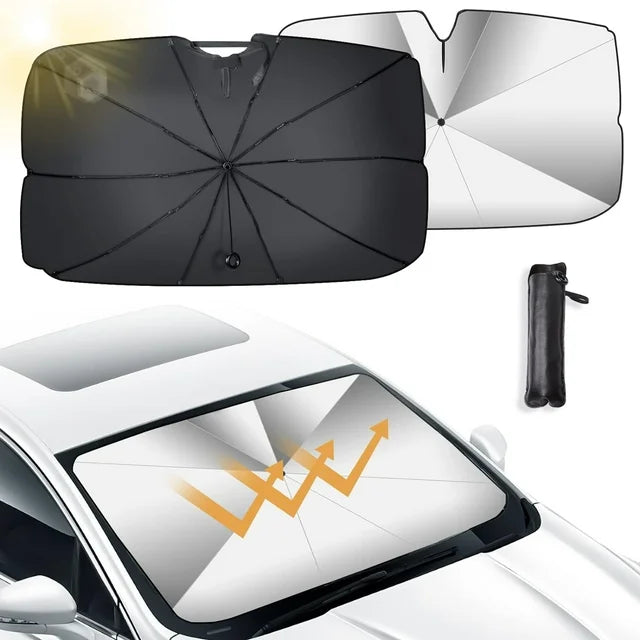 Qoosea Windshield Sun Shade Umbrella for Car with 10 Shafts Car Front Sunshade UV Protector for Car Foldable Protector with Soft Drawstring Pull Ring, 55 x 31.5 Inches