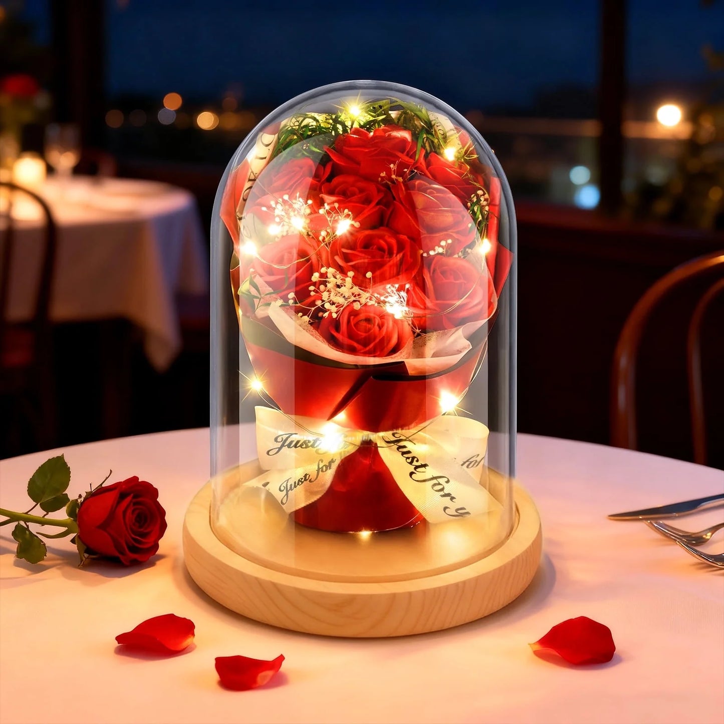 Qoosea Eternal Red Rose Bouquet in Glass Dome, 9 Pcs Artificial Flower with Fairy Lights Wood Base for Home Decor, Mothers Day Gifts for Mom, Birthday Gifts