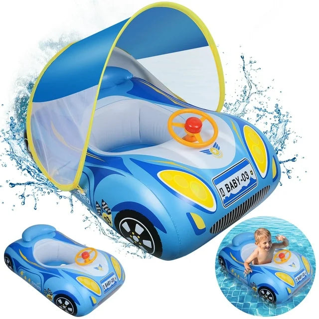 Qoosea Baby Pool Floats Toddler Inflatable Car-Shaped Swimming Float with Sun Canopy with Safety Seat for 6-48 Months
