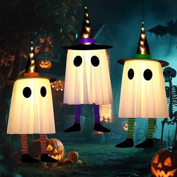 Qoosea 3 Pack Halloween LED Lights Witch Hat Ghost Hangers, Purple/Green/Orange, 3 Lighting Modes, Waterproof Battery Case, Halloween Decorations