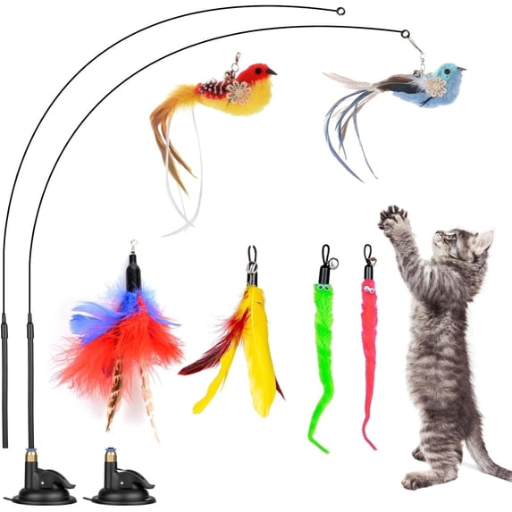 Qoosea Cat Feather Toys, 10PCS Cat Toys with Super Suction Cup, Detachable 2PCS Cat Wand Toys & 6PCS Replacement Teaser Refills with Bell, Interactive Cat Toy for Indoor Cat Accessories