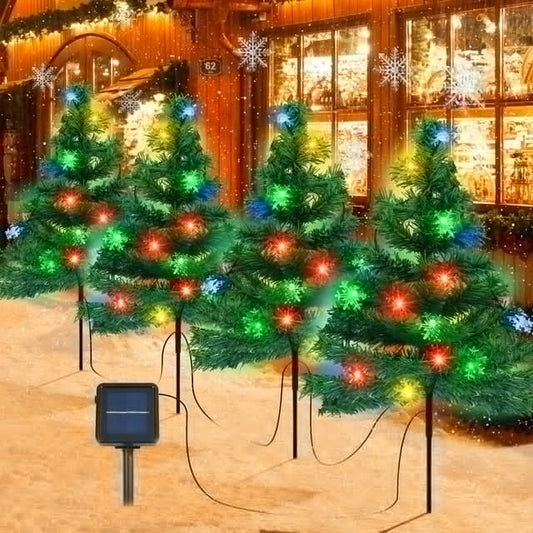 Qoosea Christmas Decorations Outdoor 4 Pack Solar Christmas Tree with 80pcs Multi-Color C6 Snowflake Led Lights 8 Lighting Modes Waterproof Pathway Lights for Outside Garden and Yard Patio