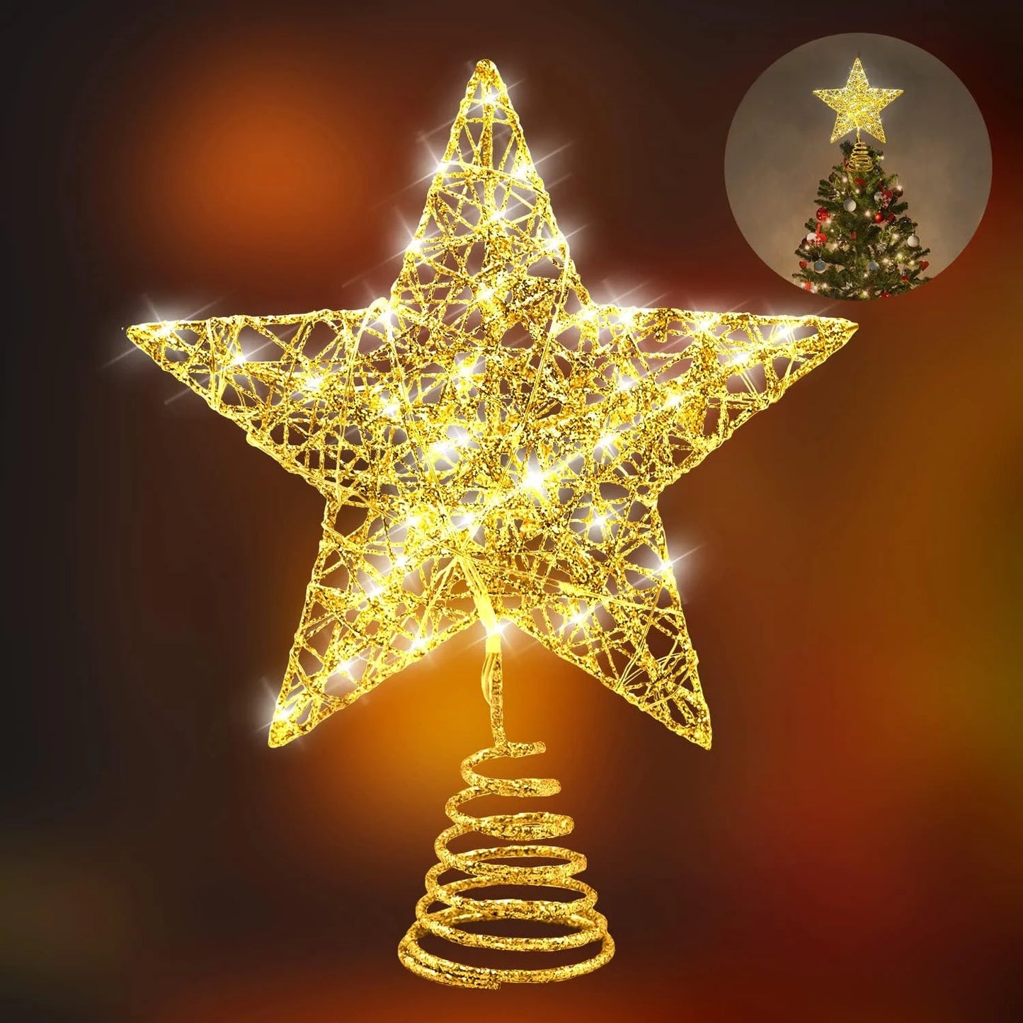 Qoosea Christmas Star Tree Topper, 10" Gold Glitter Sparkle Star Ornament Metal Hollow Designed Built-in 20 LED String Lights for Indoor Office Christmas New Year Holiday Tree Decoration