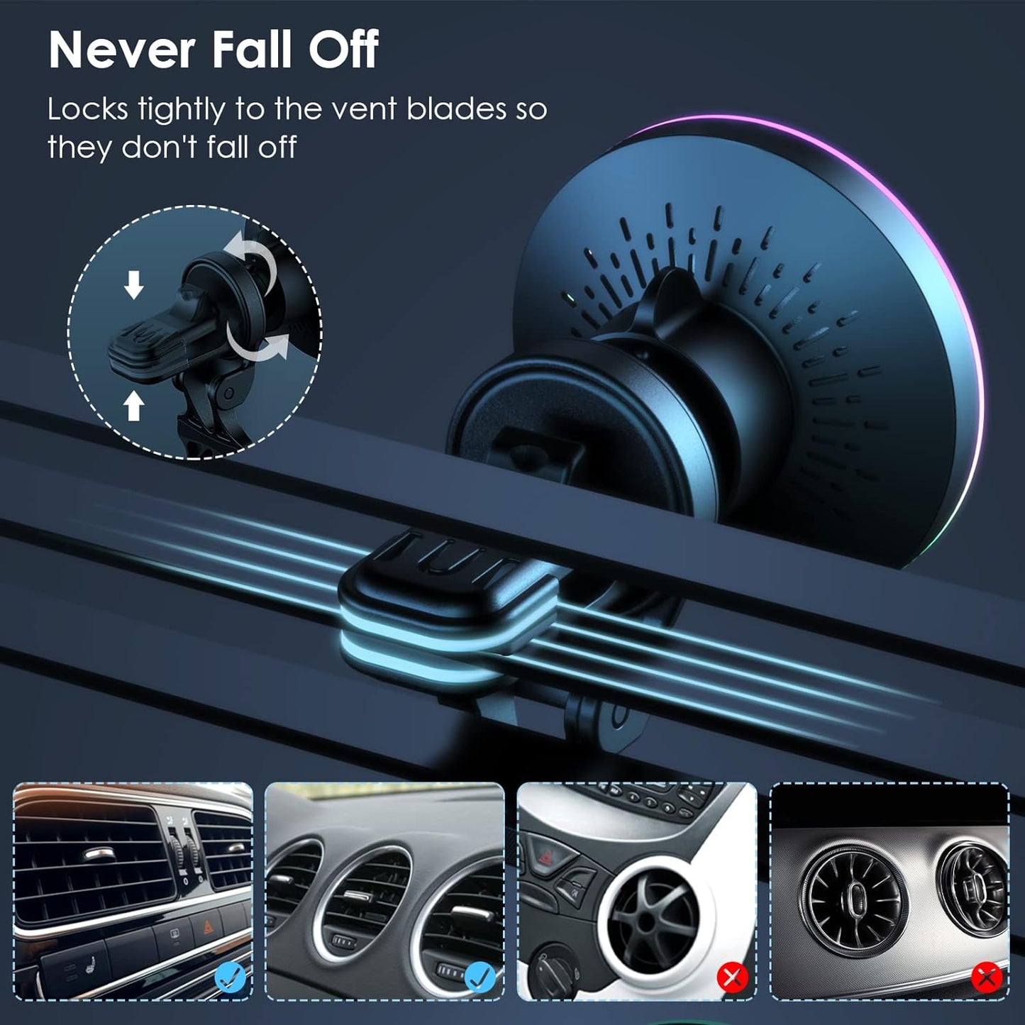 Wireless Car Charger Mount for iPhone Magnetic Charger with Colorful LED Lights