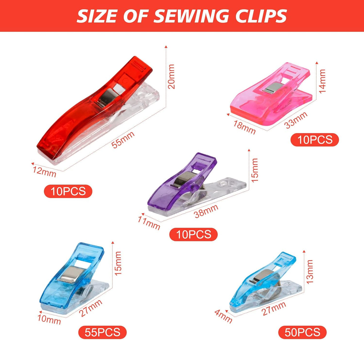 135PCS Sewing Clips 5 Sizes Multi-color for Sewing Quilting Crafting and Knitting