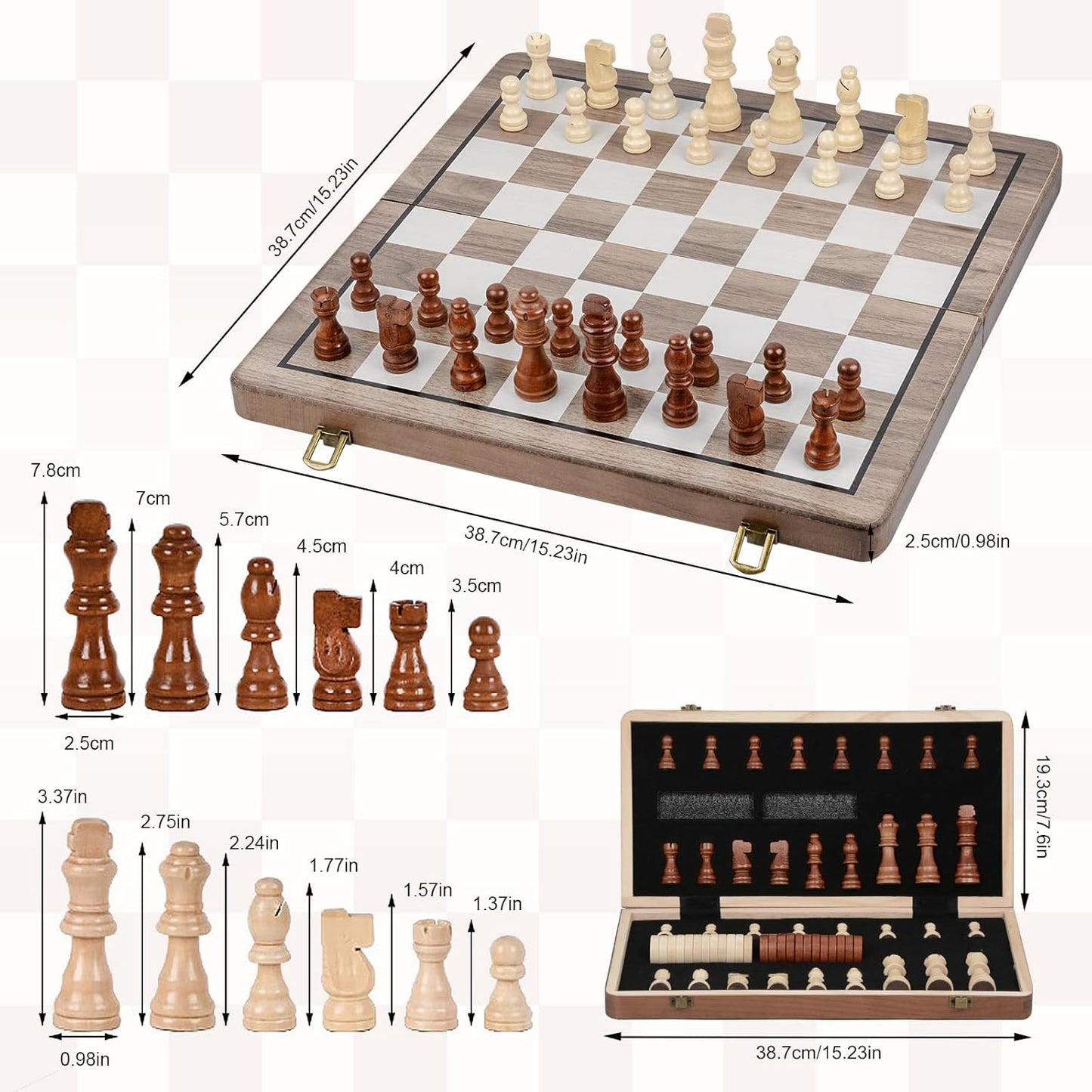 Qoosea Magnetic Wooden Chess and Checkers Set 2 Extra Queens Chess Set with 15 Inches Big Chessboard for Travel