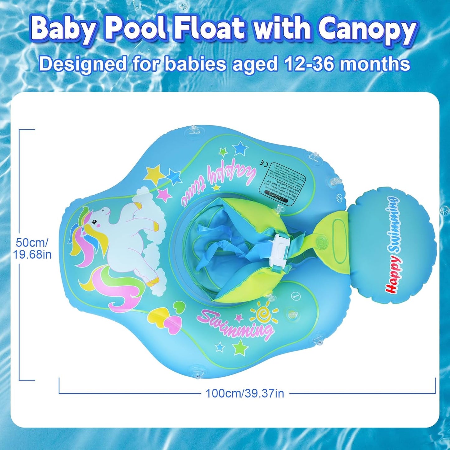Qoosea Baby Pool Float with Canopy, Baby Swim Float with Safe Seat,Baby Float Ring with Enhanced Air Cushion for Anti-Tipping