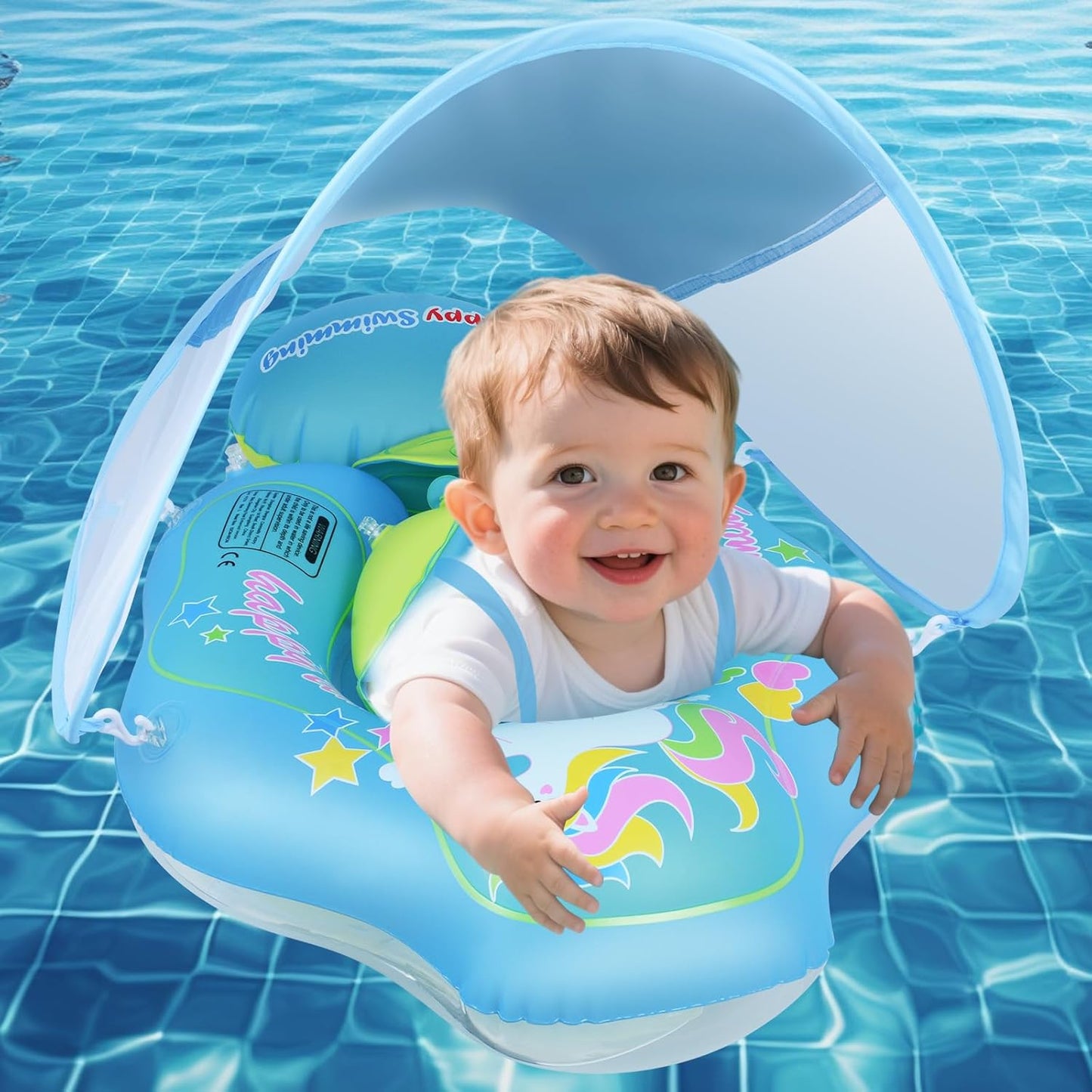 Qoosea Baby Pool Float with Canopy, Baby Swim Float with Safe Seat,Baby Float Ring with Enhanced Air Cushion for Anti-Tipping
