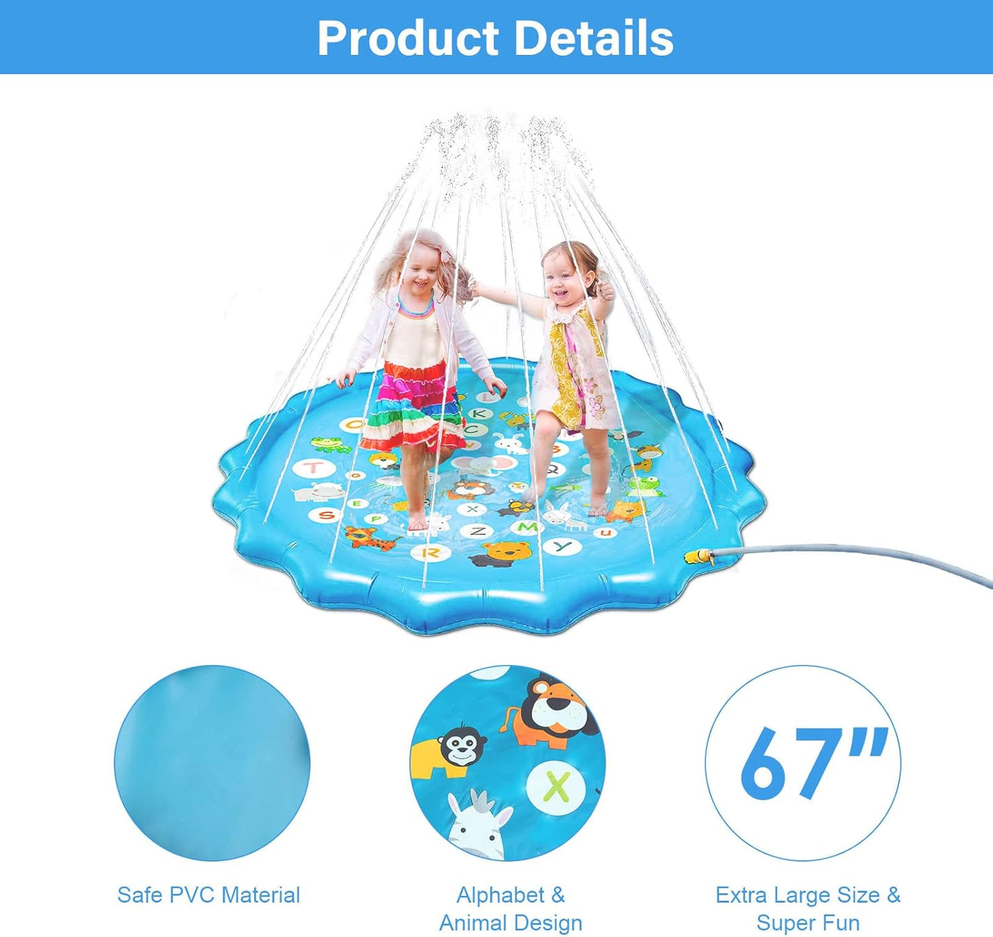 Qoosea Splash Pad for Kids 67" Inflatable Splash Pads for Toddlers 1-3 Summer Outdoor Fun Water Toys Sprinkler Pad Play