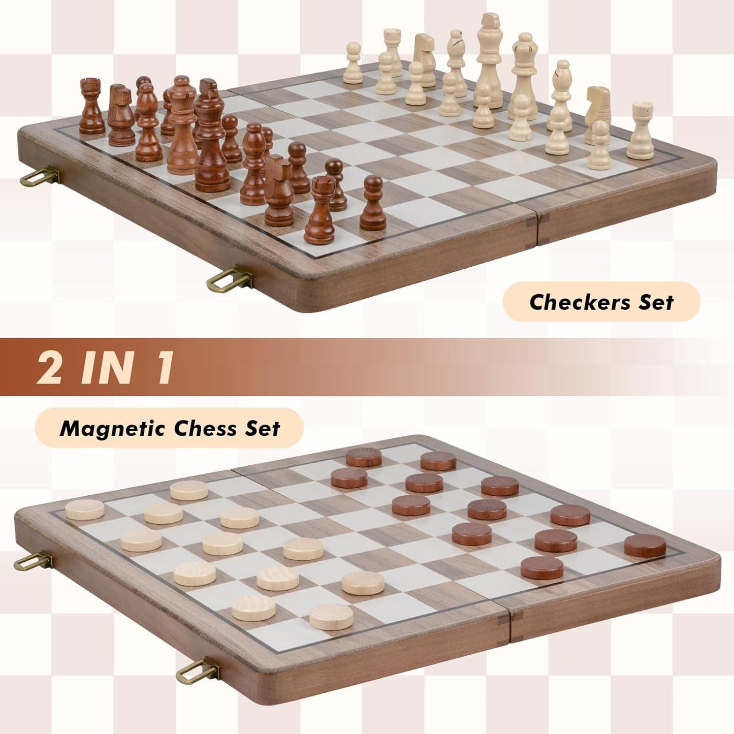 Qoosea Magnetic Wooden Chess and Checkers Set 2 Extra Queens Chess Set with 15 Inches Big Chessboard for Travel