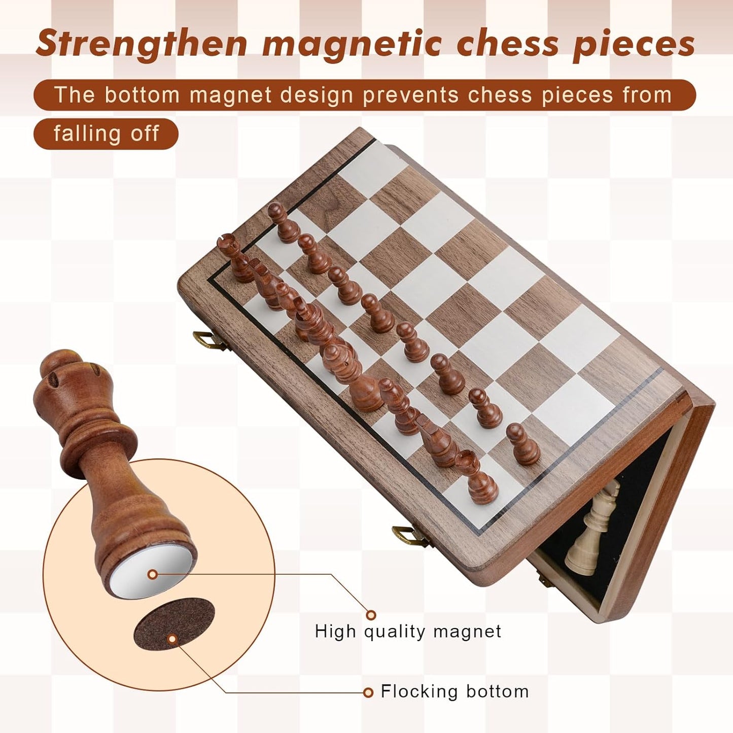 Qoosea Magnetic Wooden Chess and Checkers Set 2 Extra Queens Chess Set with 15 Inches Big Chessboard for Travel