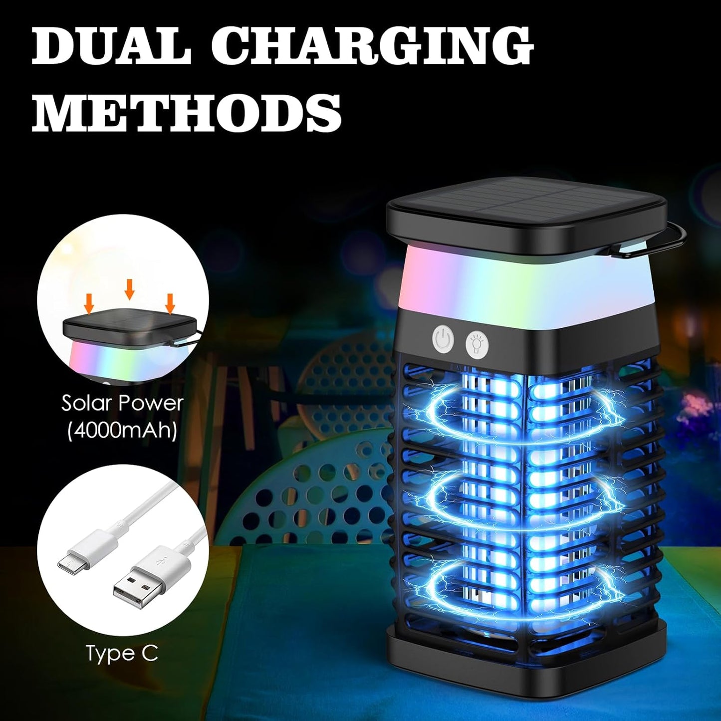Qoosea Solar-Insektenvernichter Elektrische Bug Zapper Moskitolampe Indoor mit 4200V-Netz LED-Licht USB-C-Ladung