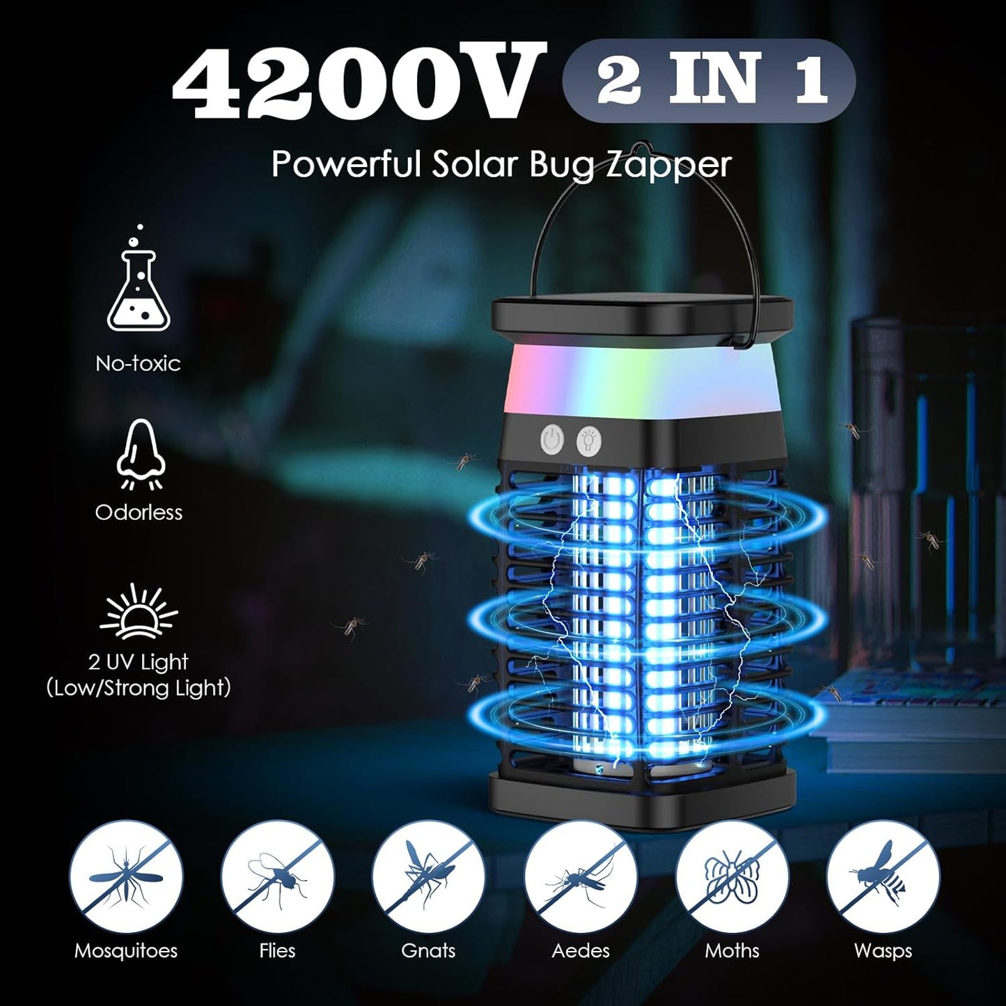 Qoosea Solar-Insektenvernichter Elektrische Bug Zapper Moskitolampe Indoor mit 4200V-Netz LED-Licht USB-C-Ladung