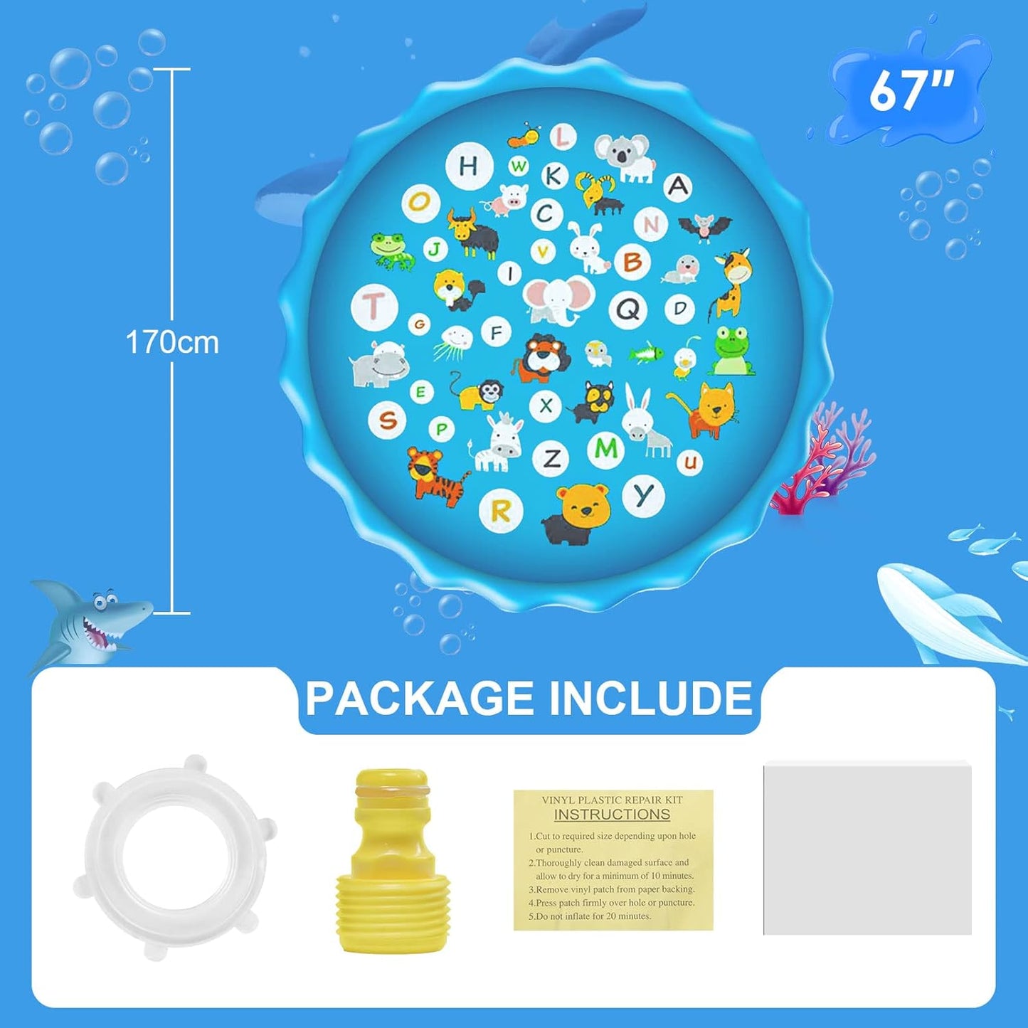 Qoosea Splash Pad for Kids 67" Inflatable Splash Pads for Toddlers 1-3 Summer Outdoor Fun Water Toys Sprinkler Pad Play
