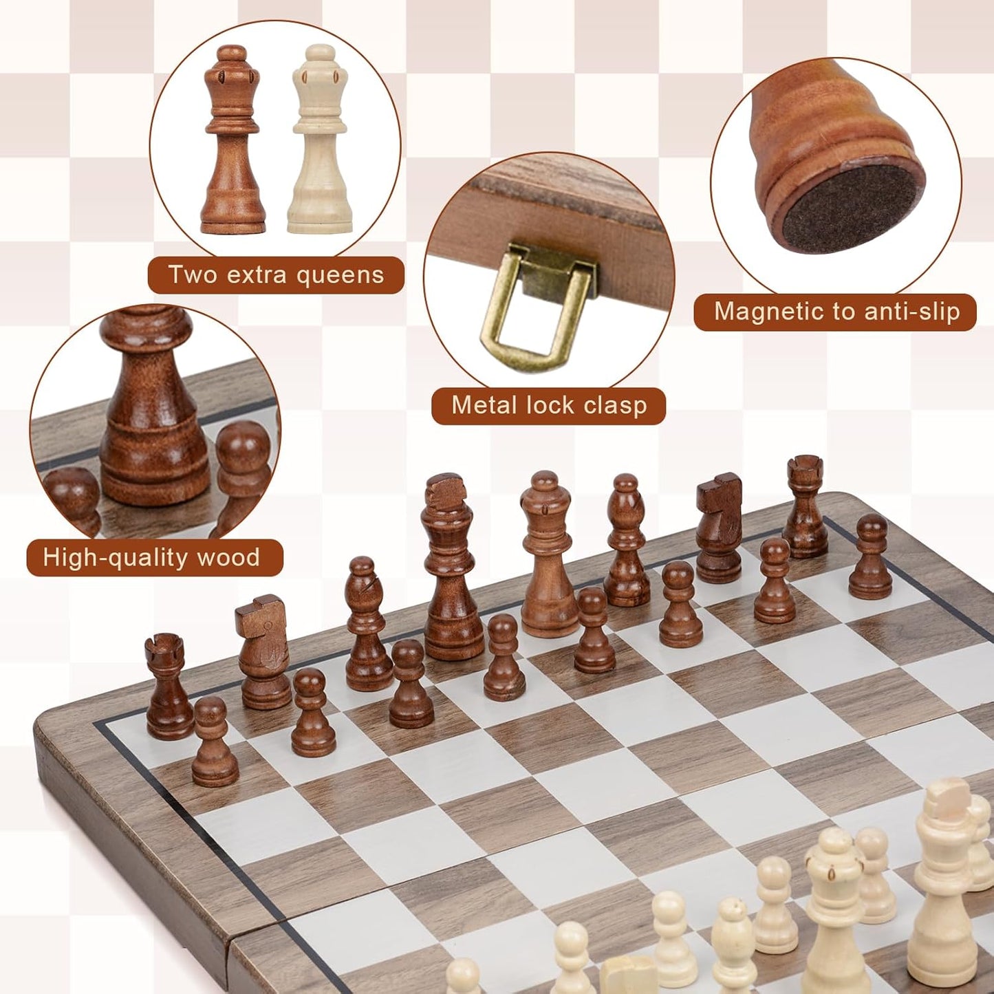 Qoosea Magnetic Wooden Chess and Checkers Set 2 Extra Queens Chess Set with 15 Inches Big Chessboard for Travel