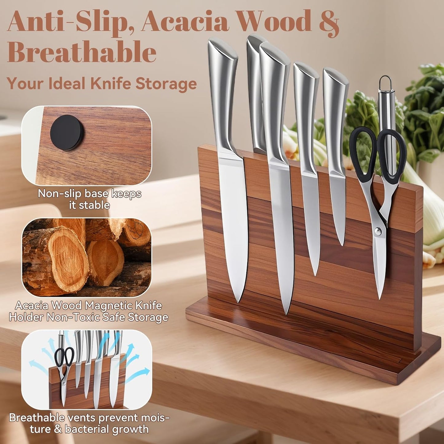 Qoosea Magnetic Knife Block without Knife: Knife Holder with Double-Sided Strong Magnetic, Acacia Wood Material