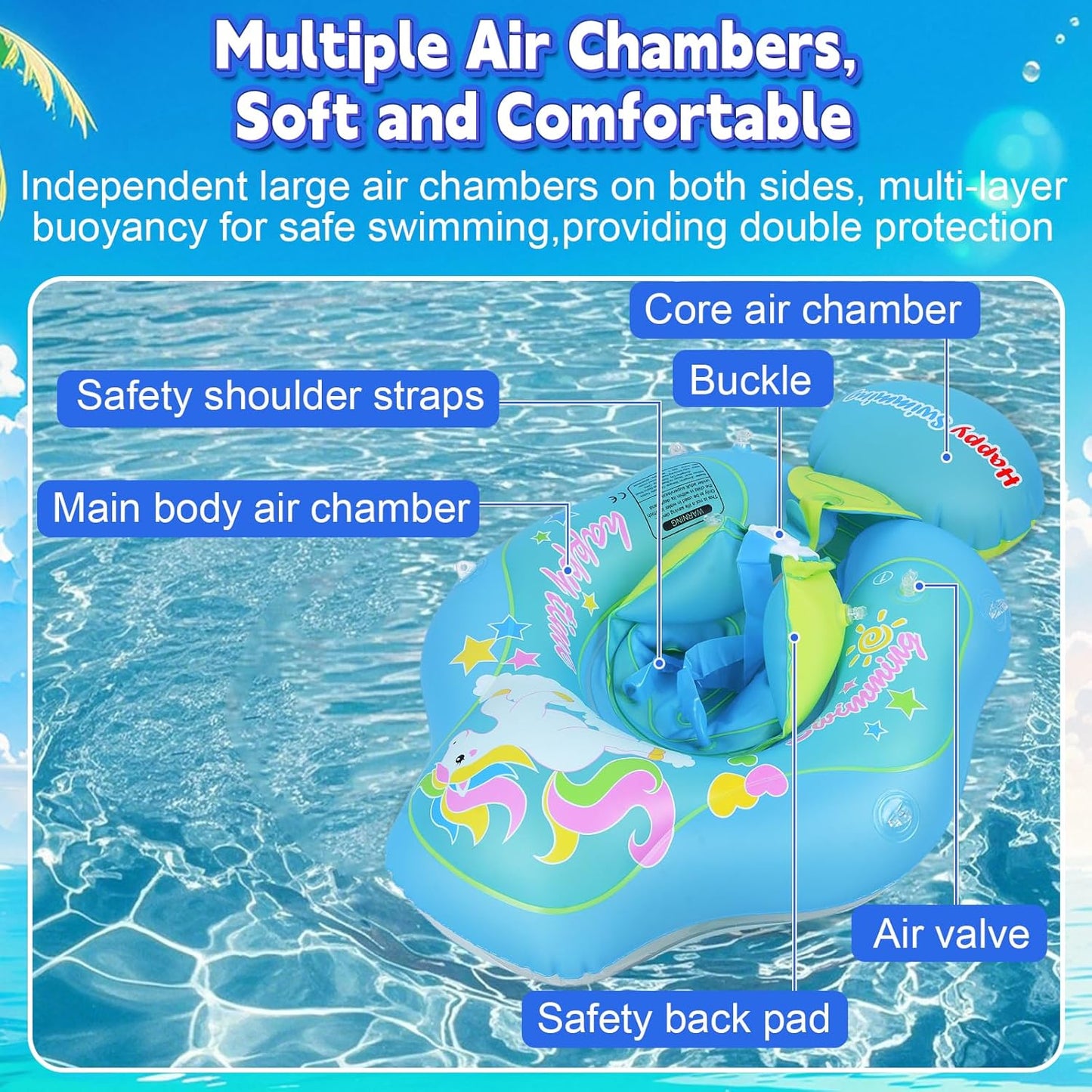 Qoosea Baby Pool Float with Canopy, Baby Swim Float with Safe Seat,Baby Float Ring with Enhanced Air Cushion for Anti-Tipping