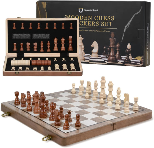 Qoosea Magnetic Wooden Chess and Checkers Set 2 Extra Queens Chess Set with 15 Inches Big Chessboard for Travel