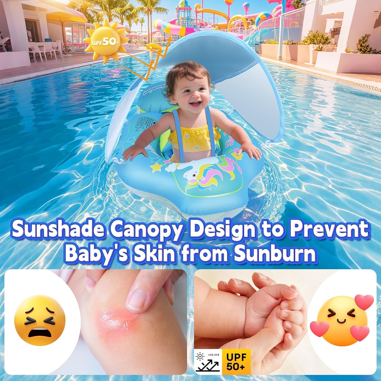 Qoosea Baby Pool Float with Canopy, Baby Swim Float with Safe Seat,Baby Float Ring with Enhanced Air Cushion for Anti-Tipping