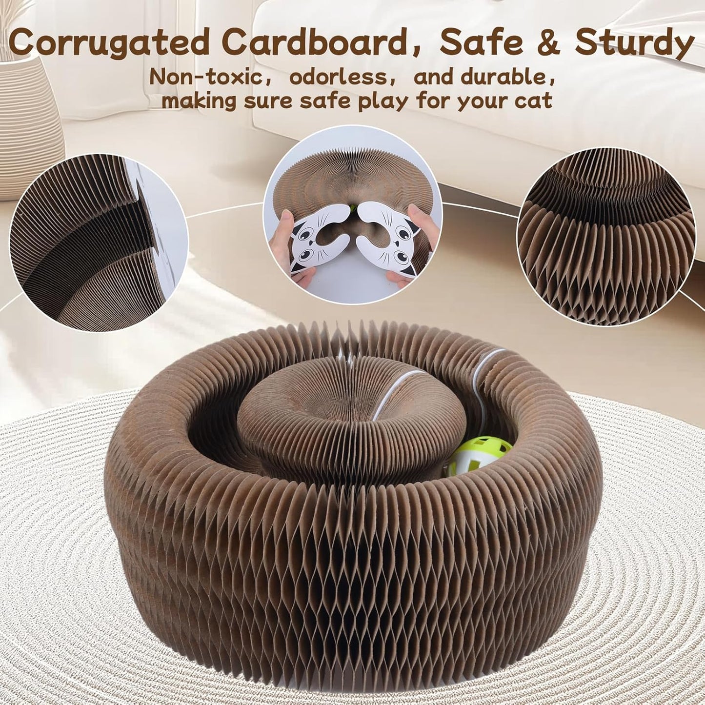 Qoosea Kitty Kurlz Indoor Cat Toy, Cat Paw-Shaped Accordion Cat Scratcher with Bell Ball & Magnetic Design