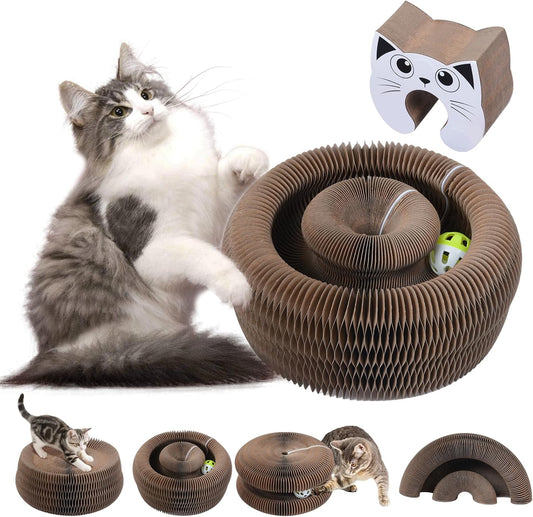 Qoosea Kitty Kurlz Indoor Cat Toy, Cat Paw-Shaped Accordion Cat Scratcher with Bell Ball & Magnetic Design