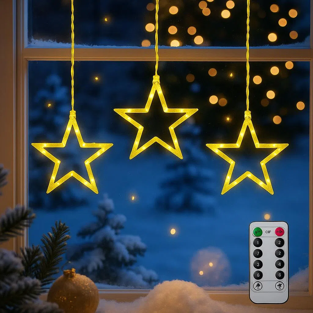 Qoosea Christmas Decorations Lights, 3 Big Stars Curtain Lights, 8 Modes Waterproof Hanging Star Window Lights String for Birthday Gift Party Bedroom Home Decor