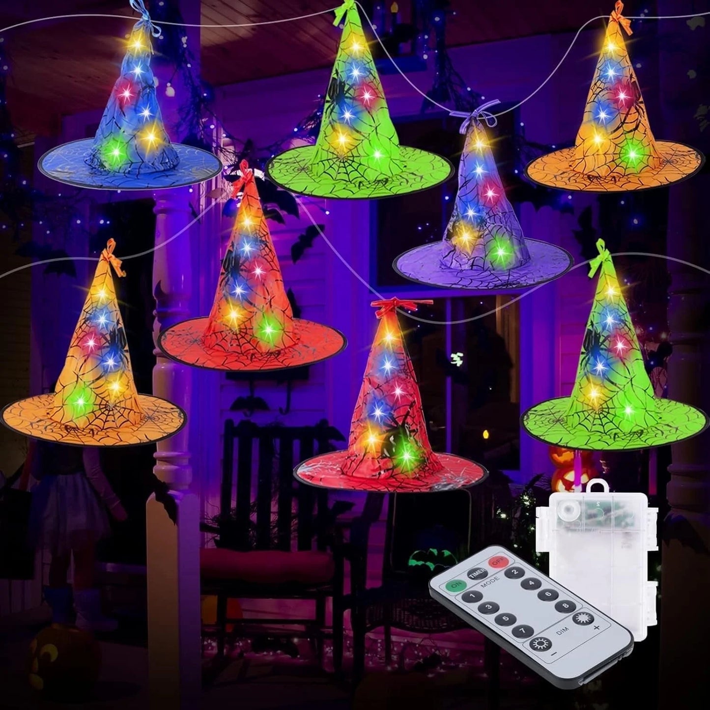 Qoosea Halloween Decorations String Lights, 8 Witch Hats Lamp 19.7ft 8 Modes Hanging Glowing Lights Waterproof for Indoor Outdoor Garden Yard Halloween Tree Decorations