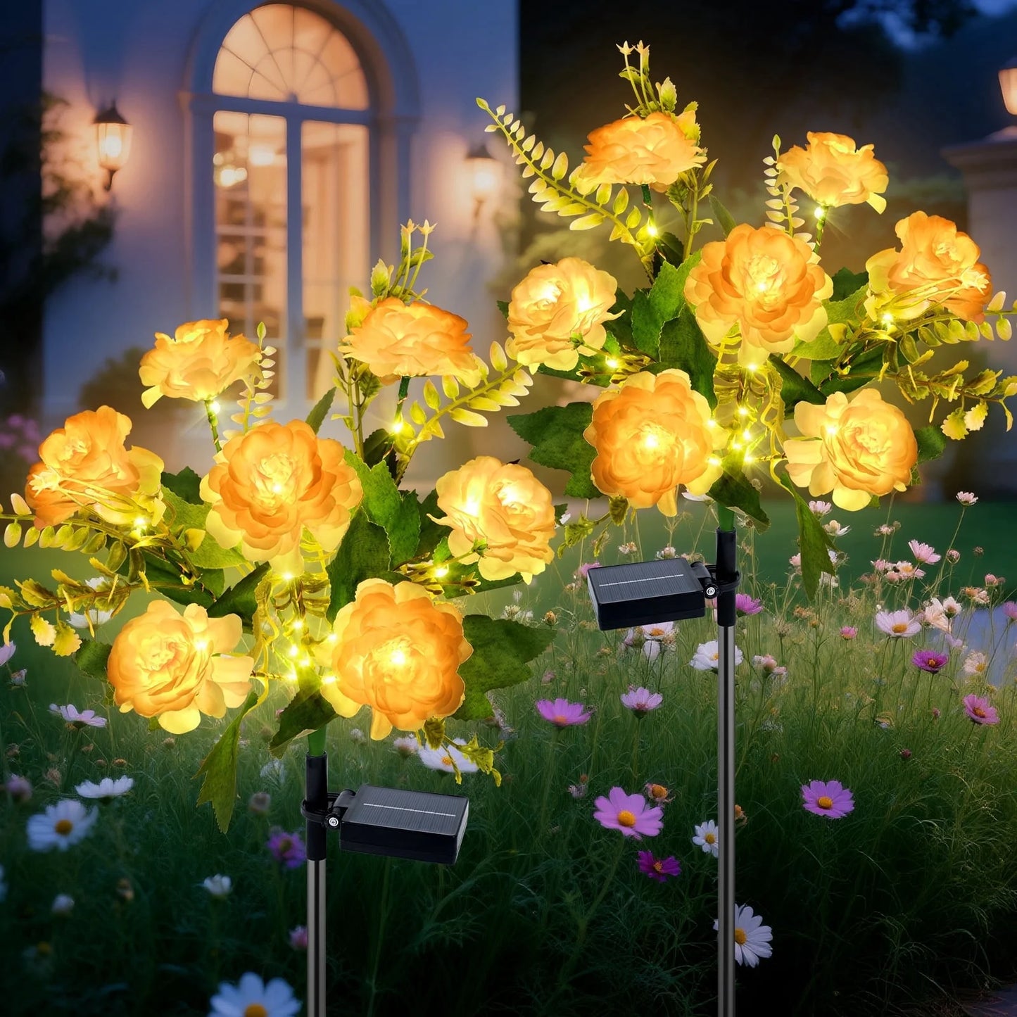 Qoosea Solar Lights Outdoor, 7 Heads Hibiscus Solar Flowers Lights Outdoor Garden Waterproof for Yard Patio Decor, Pathway Lawn Decor, 2 Pack
