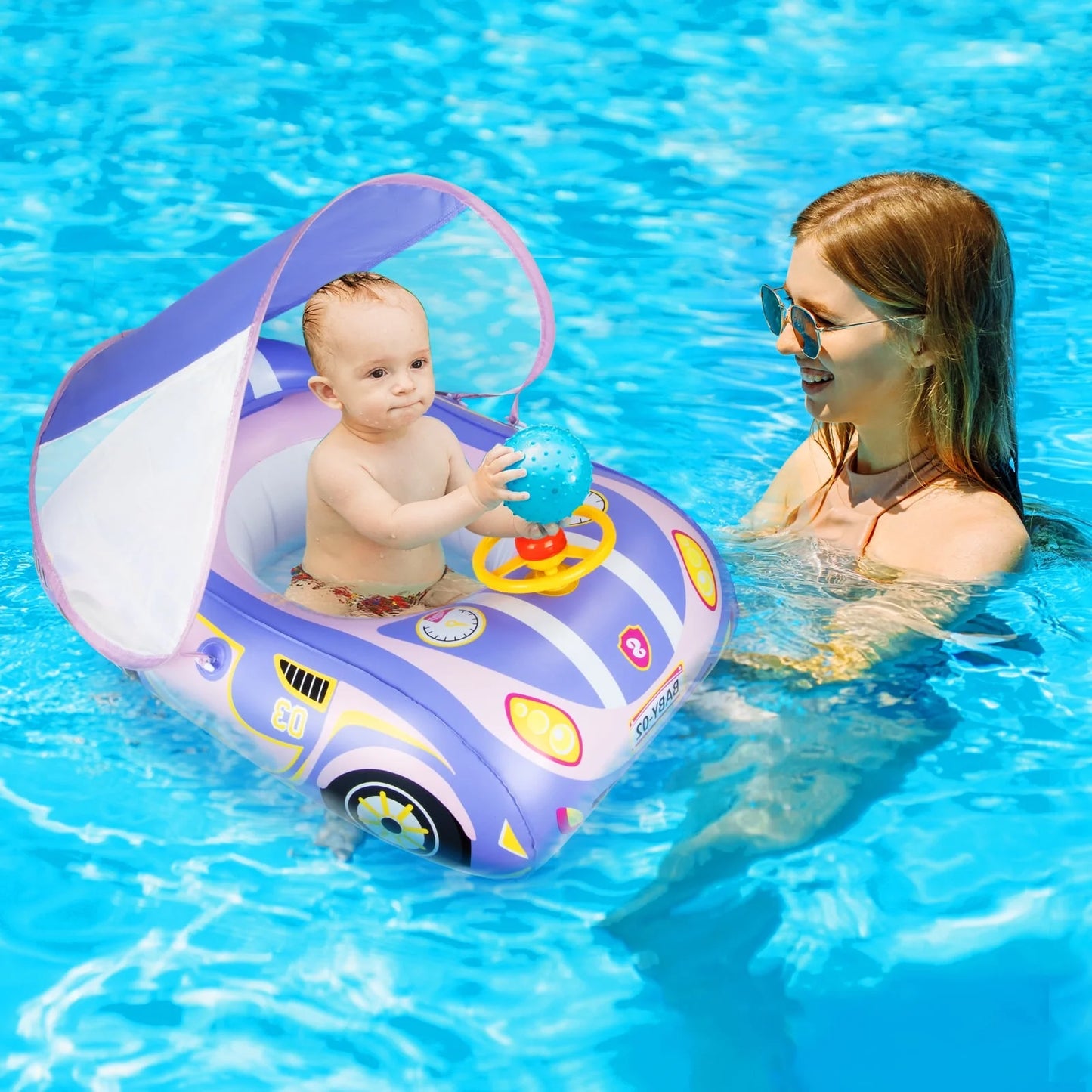 Qoosea Baby Pool Float with Canopy, Car-Shaped Swimming Float Inflatable Kids Pool Floats for Baby 6-48 Months