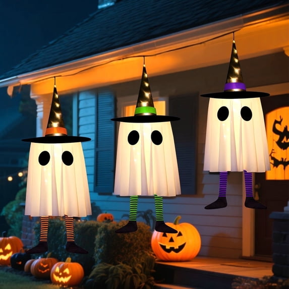 Qoosea Halloween Ghost Decorations LED Hanging Glowing Witch Hat Ghosts, 3 Light Modes, Halloween Decor Indoor Outdoor Yard Patio Tree (Purple Green Orange 3 Sets)