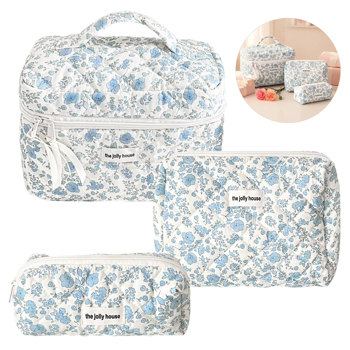 Qoosea Makeup Bag, Quilted Makeup Bag Set, Cosmetic Bag Gifts for Women Girls, Cute Cotton Bow Pattern Travel Toiletry Organizer Bag 3 Set