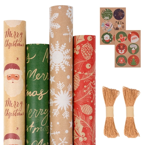 Qoosea Christmas Wrapping Paper Set,4 Sheets 17in x 10ft Holiday Wrapping Paper with Stickers and Ropes,Santa Snowflake Xmas Printed Gift Wrap