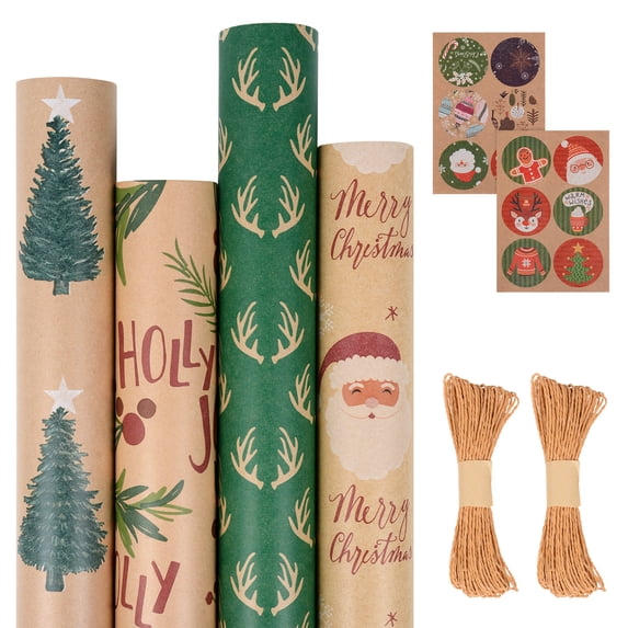 Qoosea Christmas Wrapping Paper Set,4 Sheets Holiday Wrapping Paper with Stickers and Ropes,Santa Christmas Tree Printed Gift Wrap 17in x 10ft