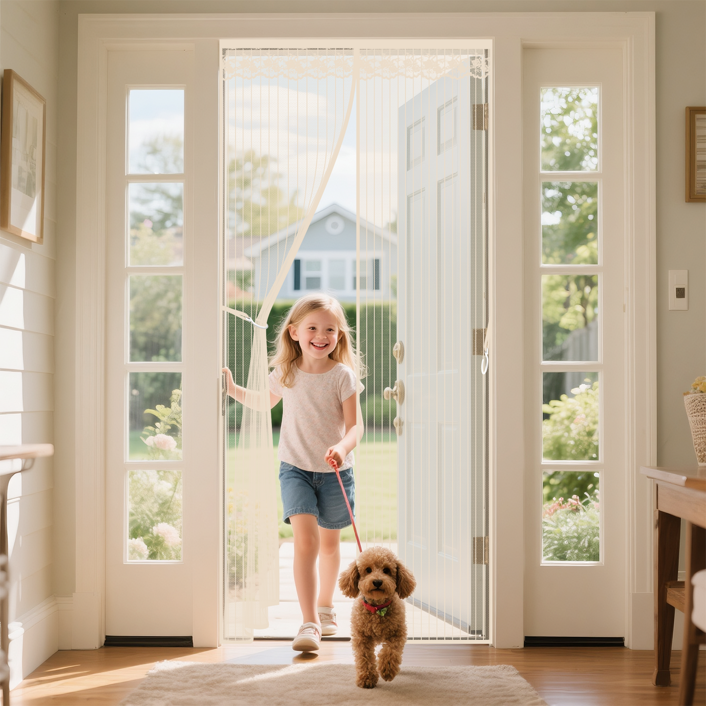 Qoosea Magnetic Screen Door with Heavy Duty Magnets, Self Sealing Mesh Screen Curtain with Hooks, Full Frame Hands Free Magnetic Door Screen Closure Fit Door Size 39 x 83 Incn(Beige)