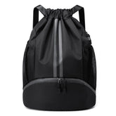 Qoosea Drawstring Backpack Sports Gym Bag with Shoe Compartment Side Mesh Pockets Water Resistant String Bag for Women Men, Black