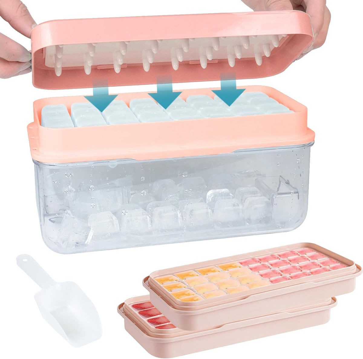 Ice Cube Tray with Lid and Bin 64Pcs Pink