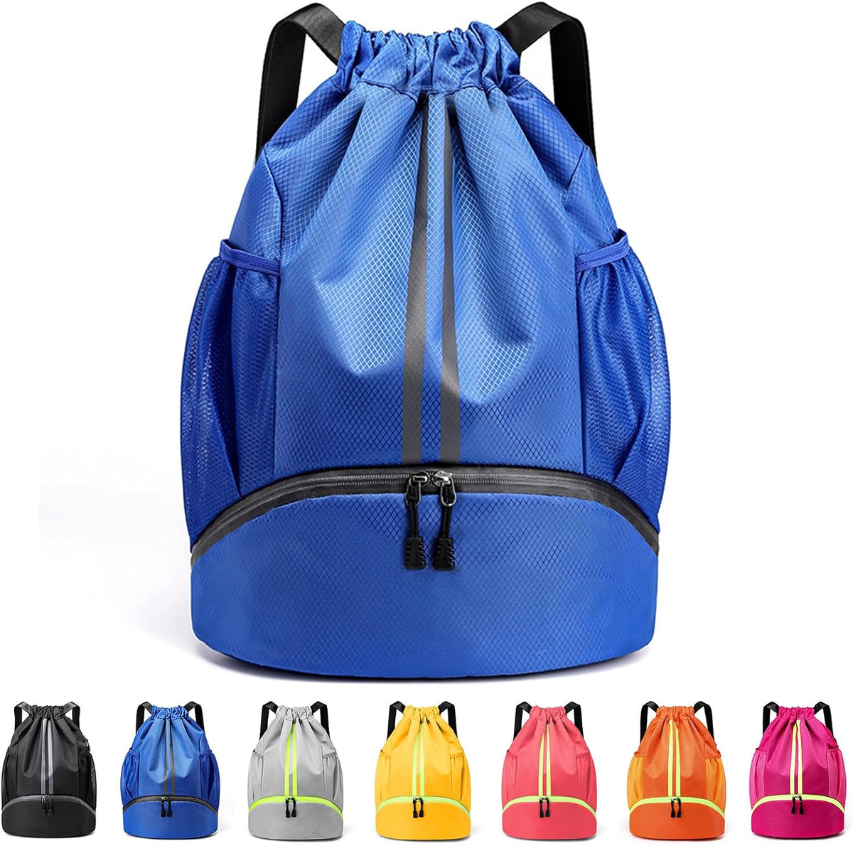 Drawstring Backpack with Mesh Pockets Shoe Compartment Water Resistant (Blue)