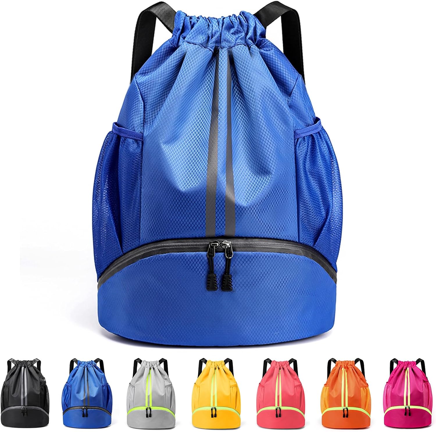 Drawstring Backpack with Mesh Pockets Shoe Compartment Water Resistant (Blue)