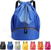 Drawstring Backpack with Mesh Pockets Shoe Compartment Water Resistant (Blue)