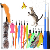 Cat Feather Toys, 2PCS Retractable Cat Wand Toy and 13PCS Replacement Teaser with Bell Refills