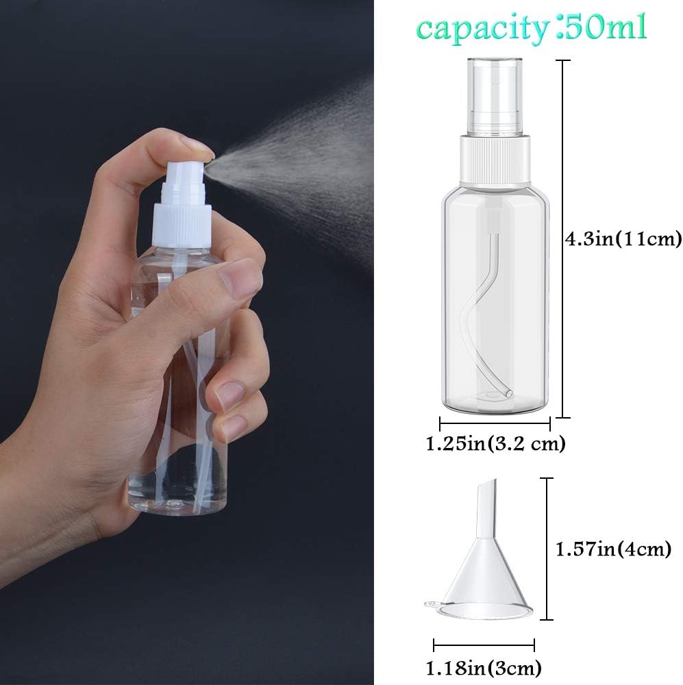 10 x 50ml Empty Clear Fine Mist Spray Bottles with 2pcs Funnels and 14pcs Labels