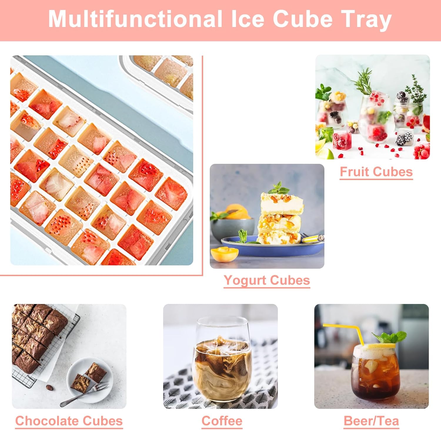 Ice Cube Tray with Lid and Bin 64Pcs Pink