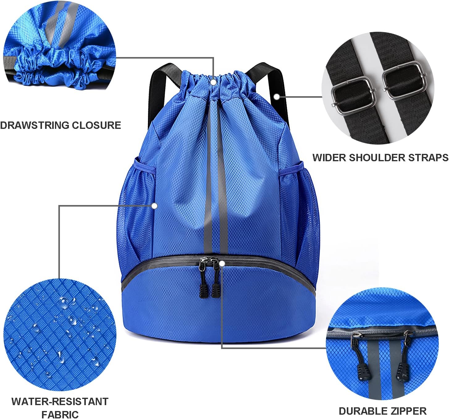 Drawstring Backpack with Mesh Pockets Shoe Compartment Water Resistant (Blue)