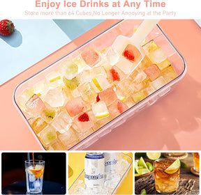 Ice Cube Tray with Lid and Bin 64Pcs Pink